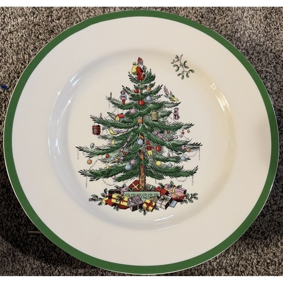 Spode Other - Spode‎ Christmas Tree Footed Cake Plate Porcelain Ceramic Green Trim 10.5"
